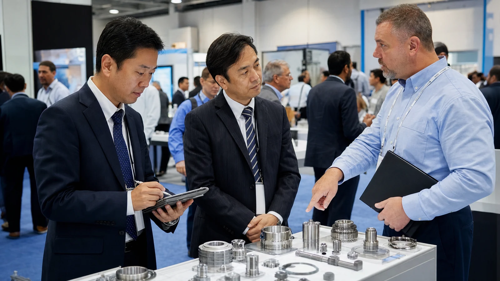 米国の産業展示会で日本の輸出企業スタッフが米国人バイヤーの製品質問を記録している場面
