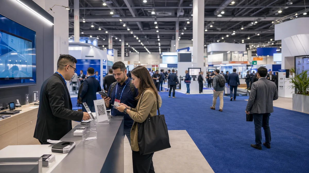 Acheteur scannant un QR pres d'un produit et d'un kit presse sur un stand a New York