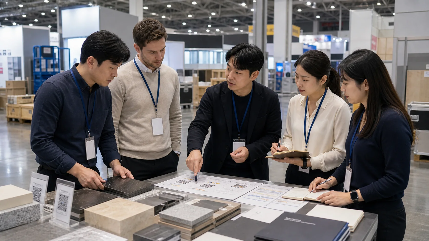 KINTEX exhibitor team briefing on roles, samples, interpreter notes, and buyer questions