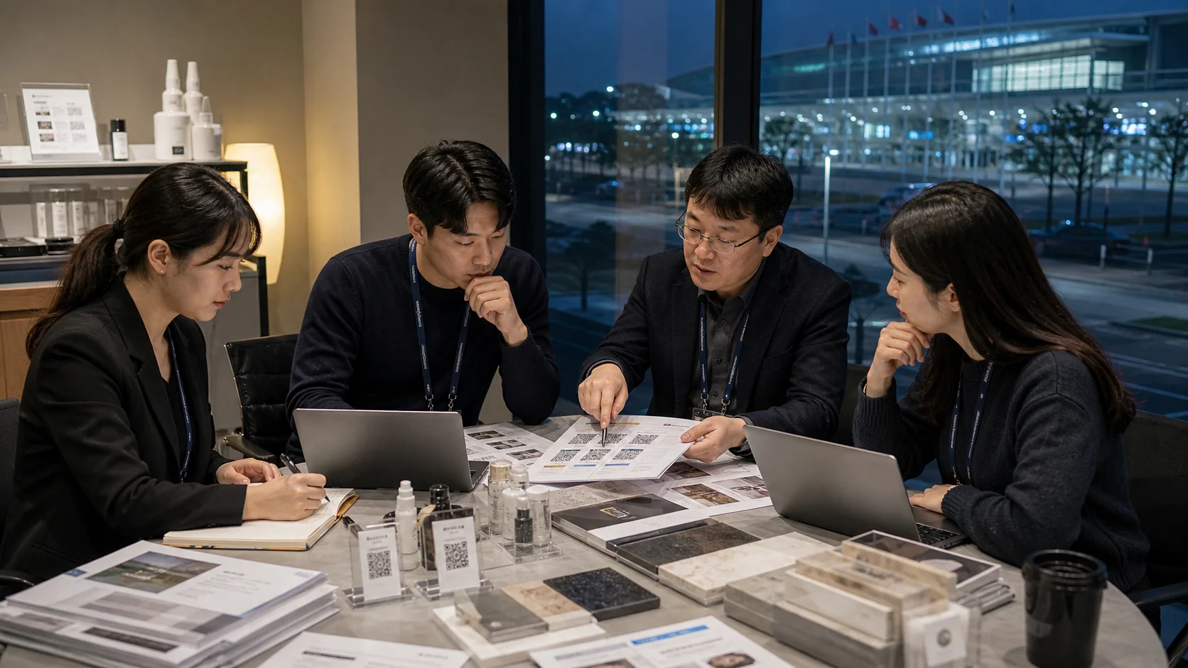 바이어 질문, 샘플 요청, 인증 우려, 후속 연락 노트를 검토하는 KINTEX 참가 기업 팀