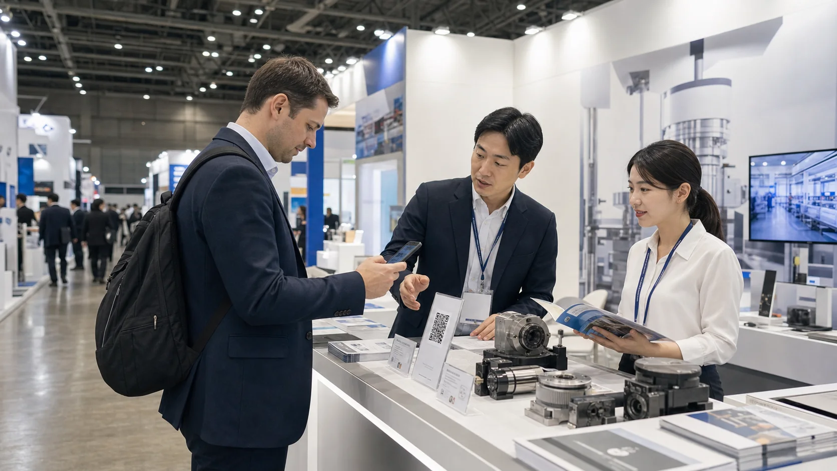 KINTEX 스타일 한국 전시 부스에서 수출 바이어가 부스 QR을 스캔하는 장면