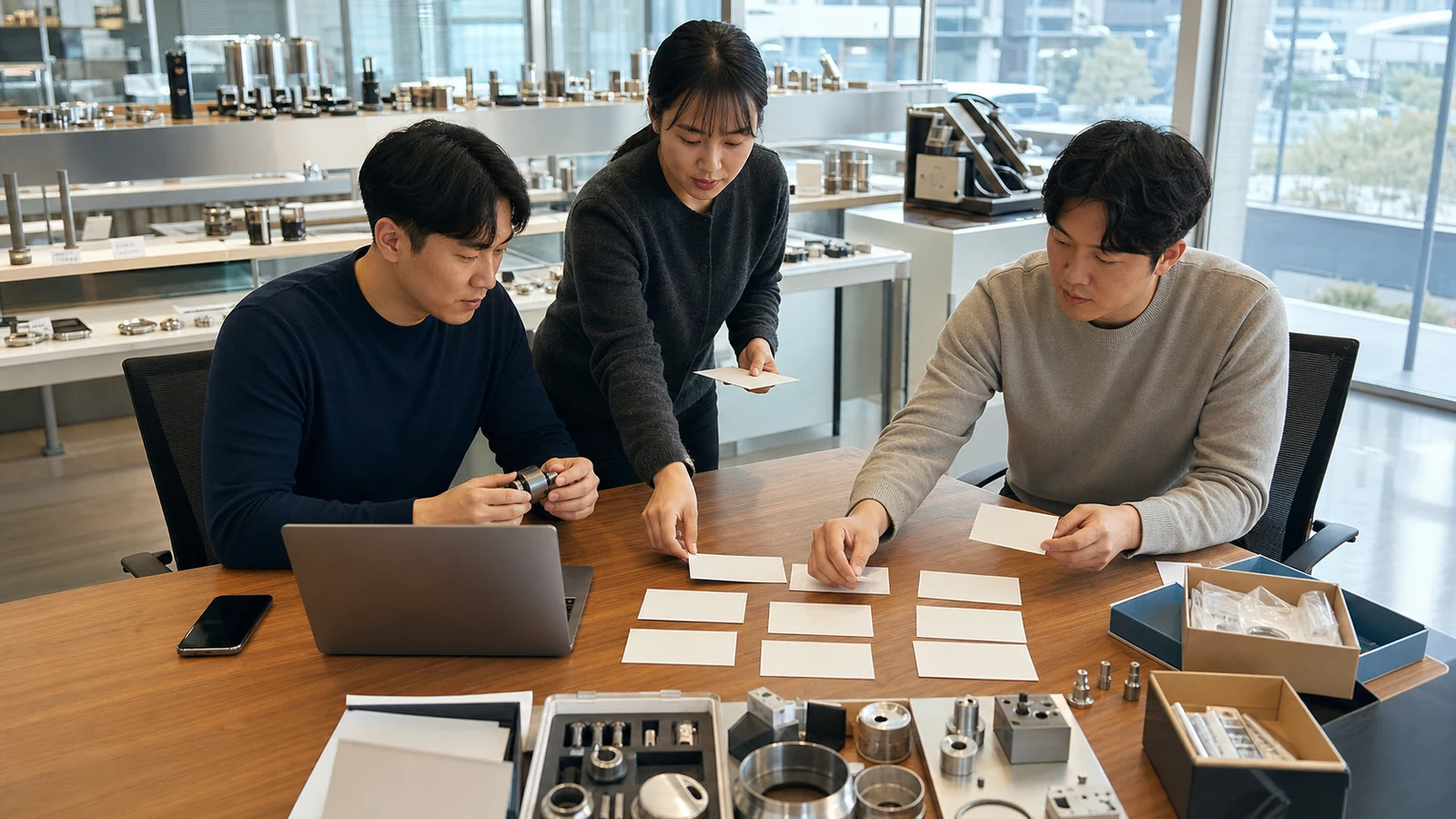 한국 제조기업 해외영업팀이 제품 사양과 샘플, 견적, 납기 관련 바이어 질문을 분류하는 장면