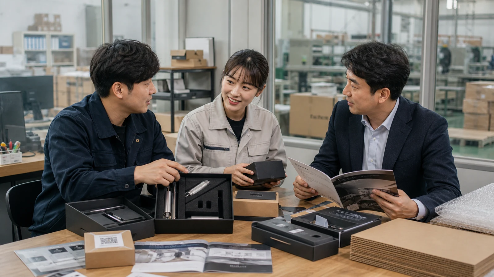 한국 수출 제조기업 직원들이 제품 샘플과 포장, 카탈로그의 QR 고객지원 경로를 검토하는 모습