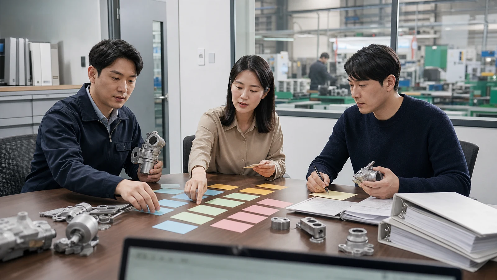 한국 수출 제조기업의 해외영업·기술·운영 담당자가 바이어 질문을 주제별로 분류하는 모습