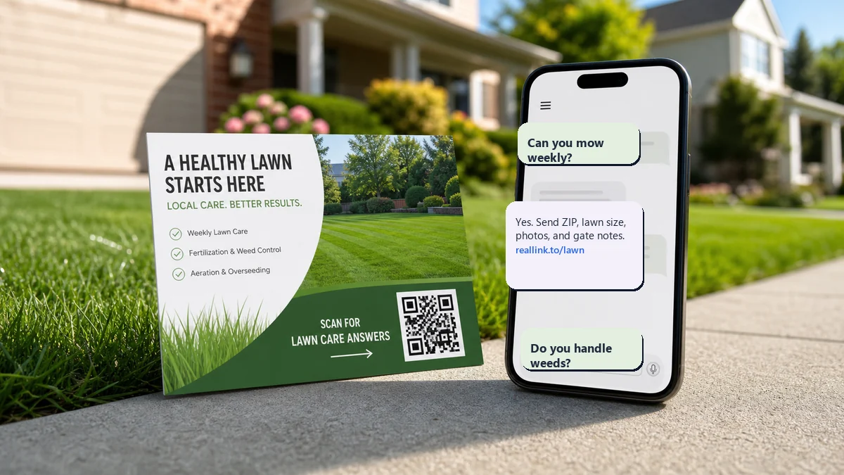 Lawn care QR postcard beside a phone showing mowing and weed service questions