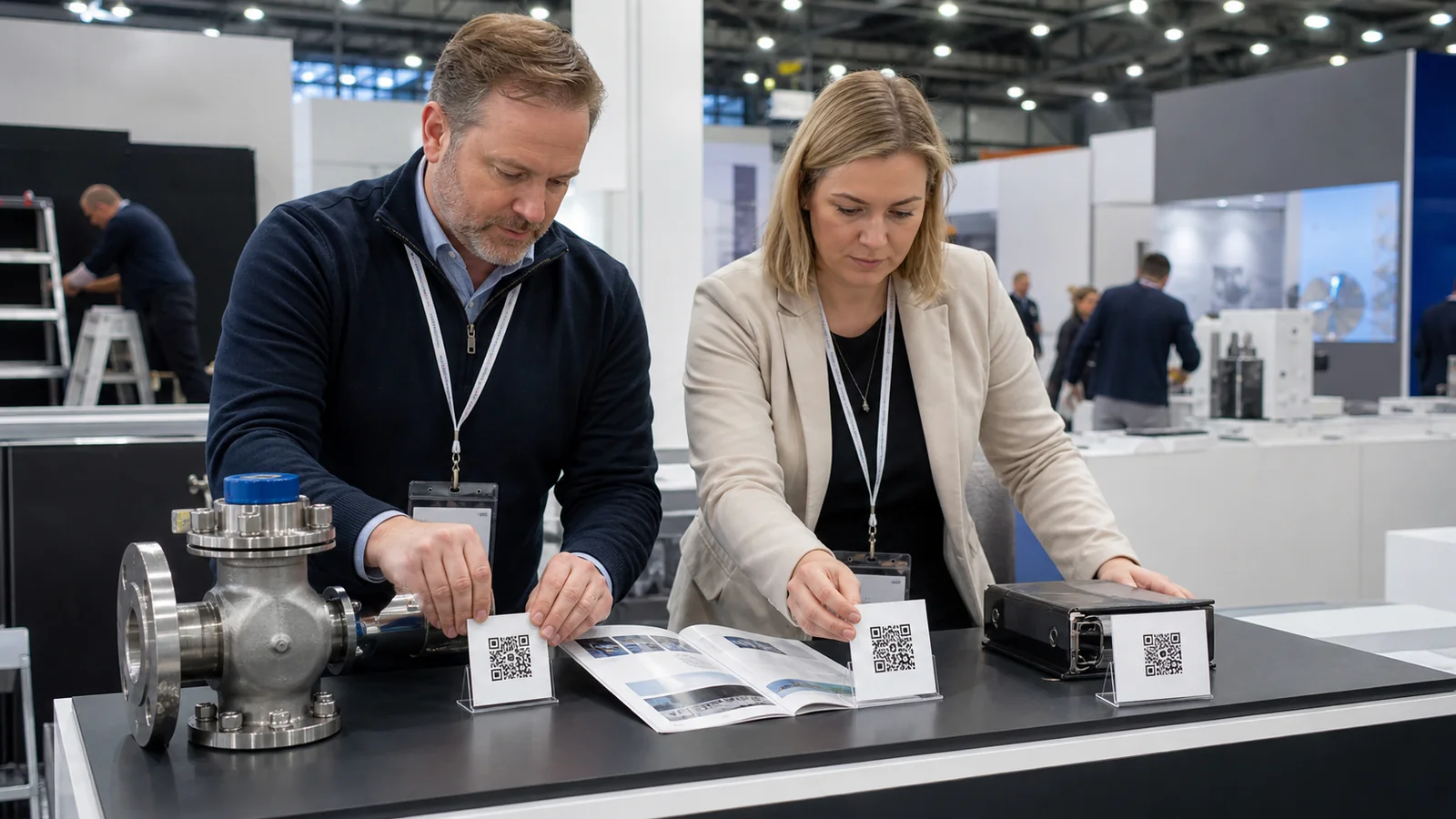 US-Aussteller platzieren getrennte QR-Hinweise bei Produktmuster, Katalog und Zertifizierungsordner.