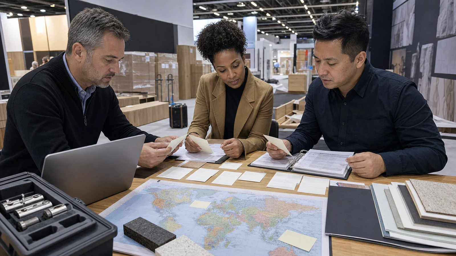 American export sales team sorting certification, distributor, sample, and quote questions after an international trade show.