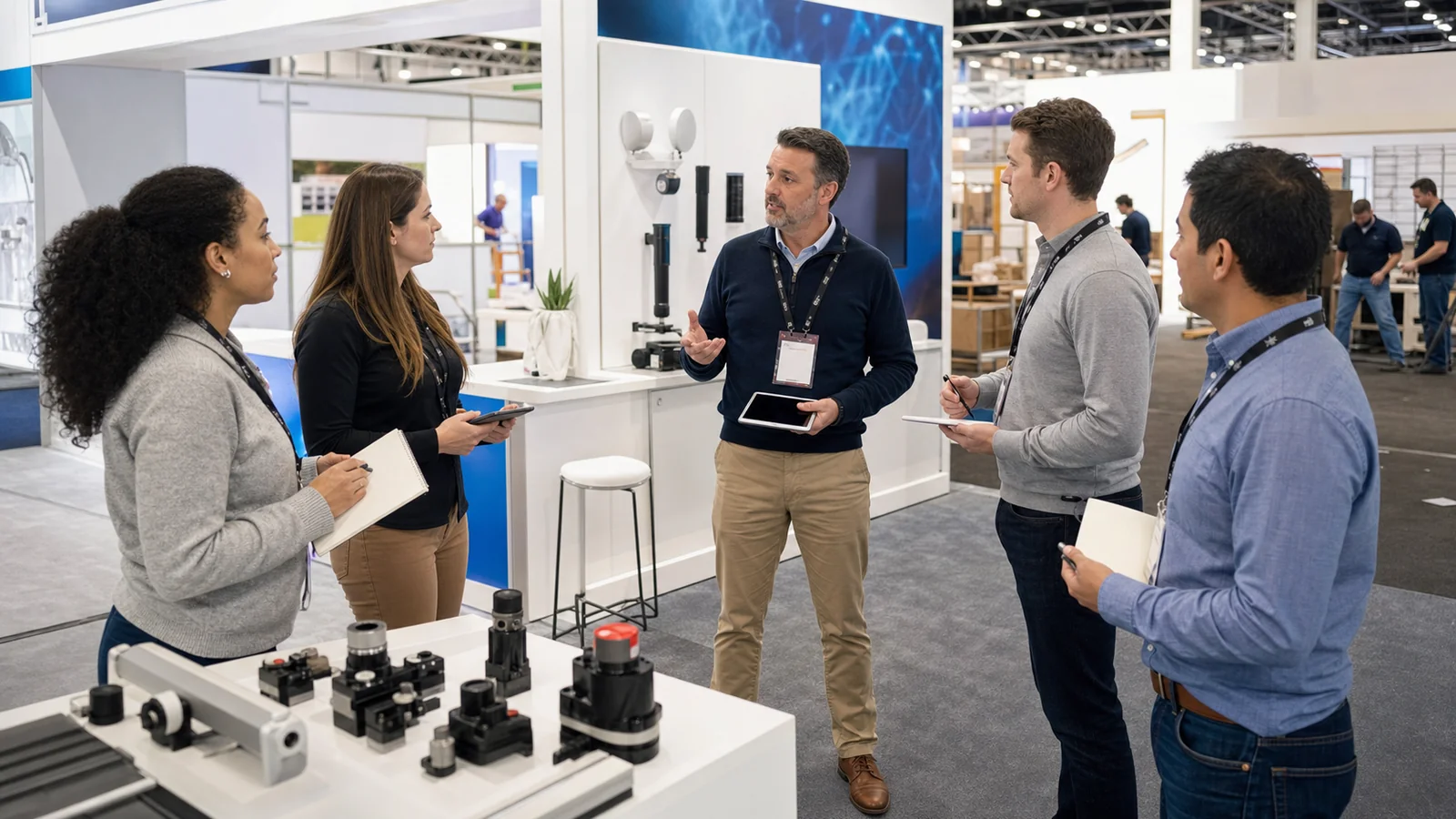 Diverse American exhibitor team assigning greeting, demo, specialist, meeting, and note-taking roles before opening.