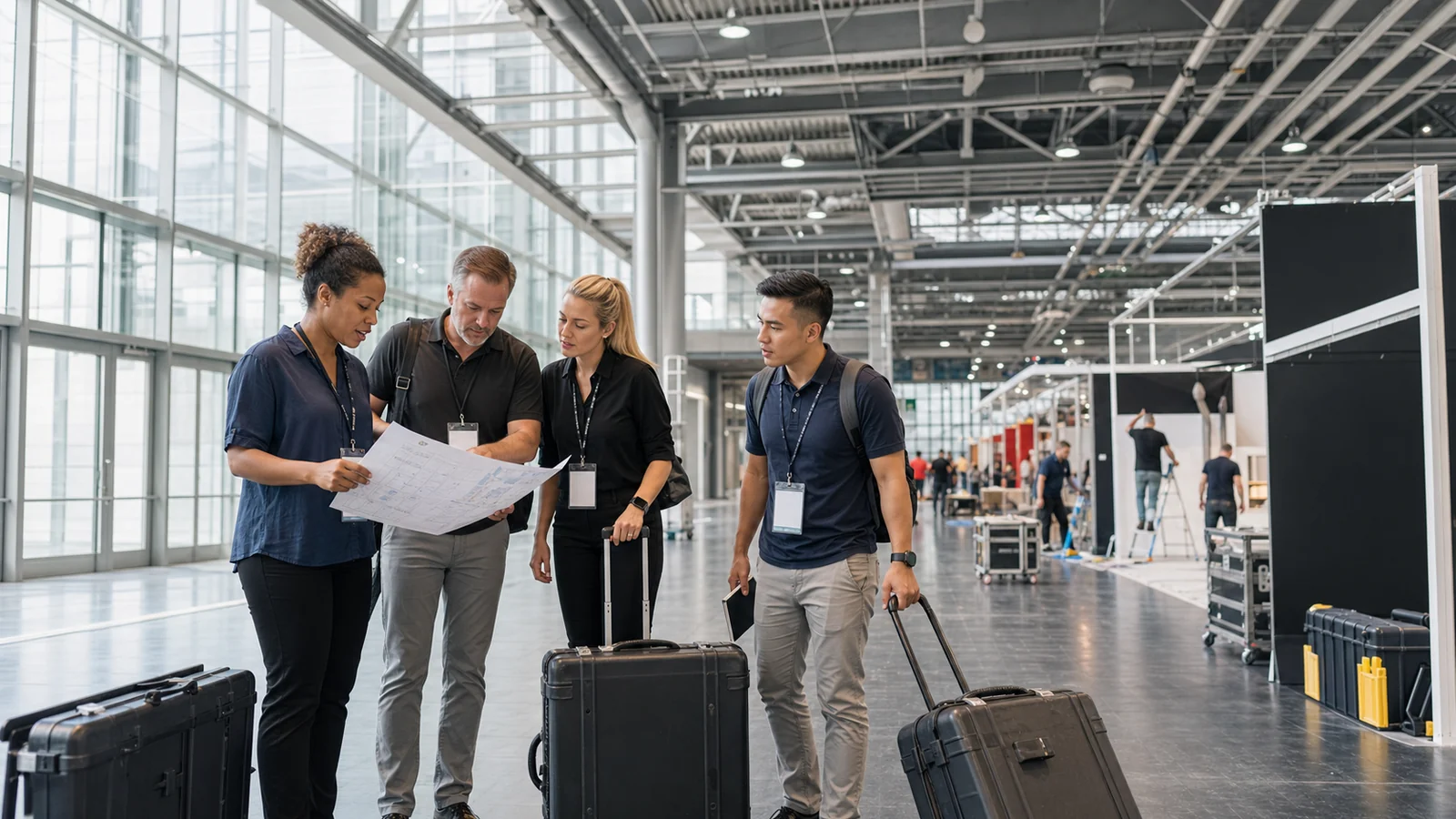 Equipe exposante preparant un stand type Messe Frankfurt