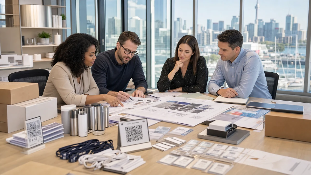 Exhibitor team preparing a Toronto trade show booth plan with badges, product samples, Canadian market notes, and QR signs