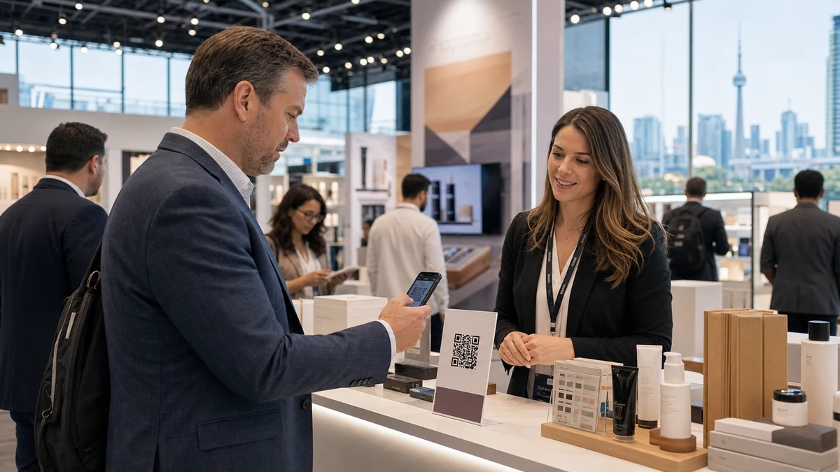Buyer scannt einen QR-Code neben Produktmustern und Kanada-Proof an einem Messestand in Toronto