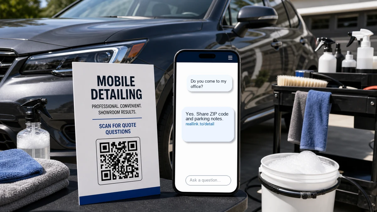 Mobile detailing QR card beside a phone showing appointment questions and answers