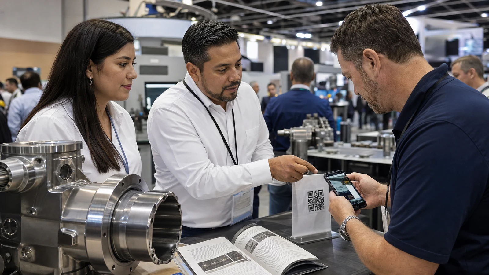 Representantes mexicanos ayudan a un comprador estadounidense a escanear el QR de un catálogo en una feria industrial de Estados Unidos