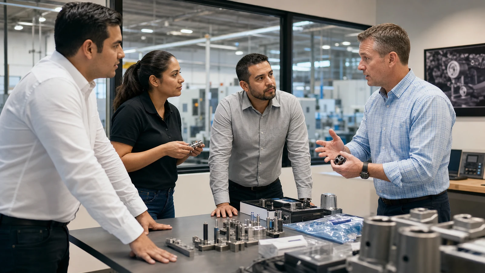 Equipo mexicano de un proveedor nearshoring conversa con un comprador estadounidense en un showroom industrial de Monterrey