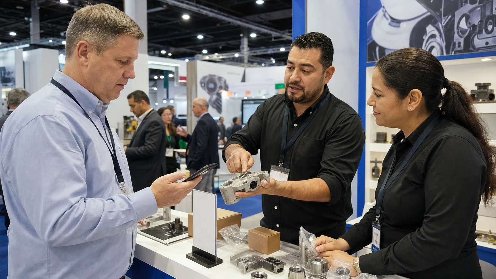Comprador estadounidense usa información móvil mientras representantes mexicanos preparan el seguimiento en una feria industrial