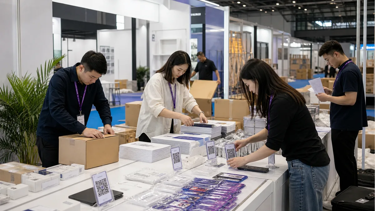 NECC Shanghai Standvorbereitung mit Musterboxen, Druckmaterial, QR-Schildern und Frachtlogistik