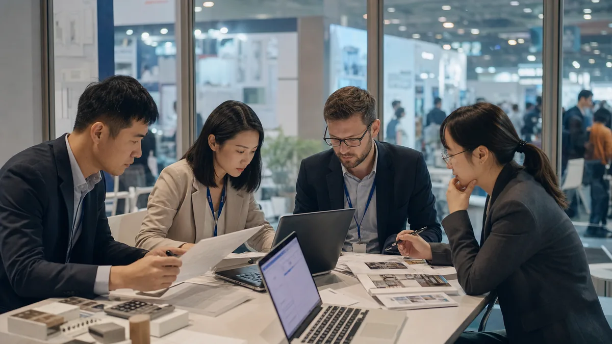Ausstellerteam bespricht Besucherrollen, Produktnachweise und Nachbereitung in einer Messehalle in Shanghai