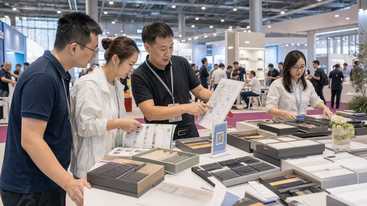 上海の大型展示会で中国バイヤー質問に備えたサンプル、カタログ、QRサイン