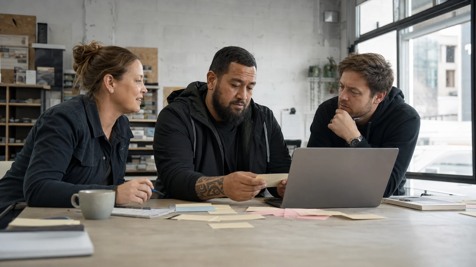 Three New Zealand small-business staff reviewing customer questions around a laptop in an industrial service office