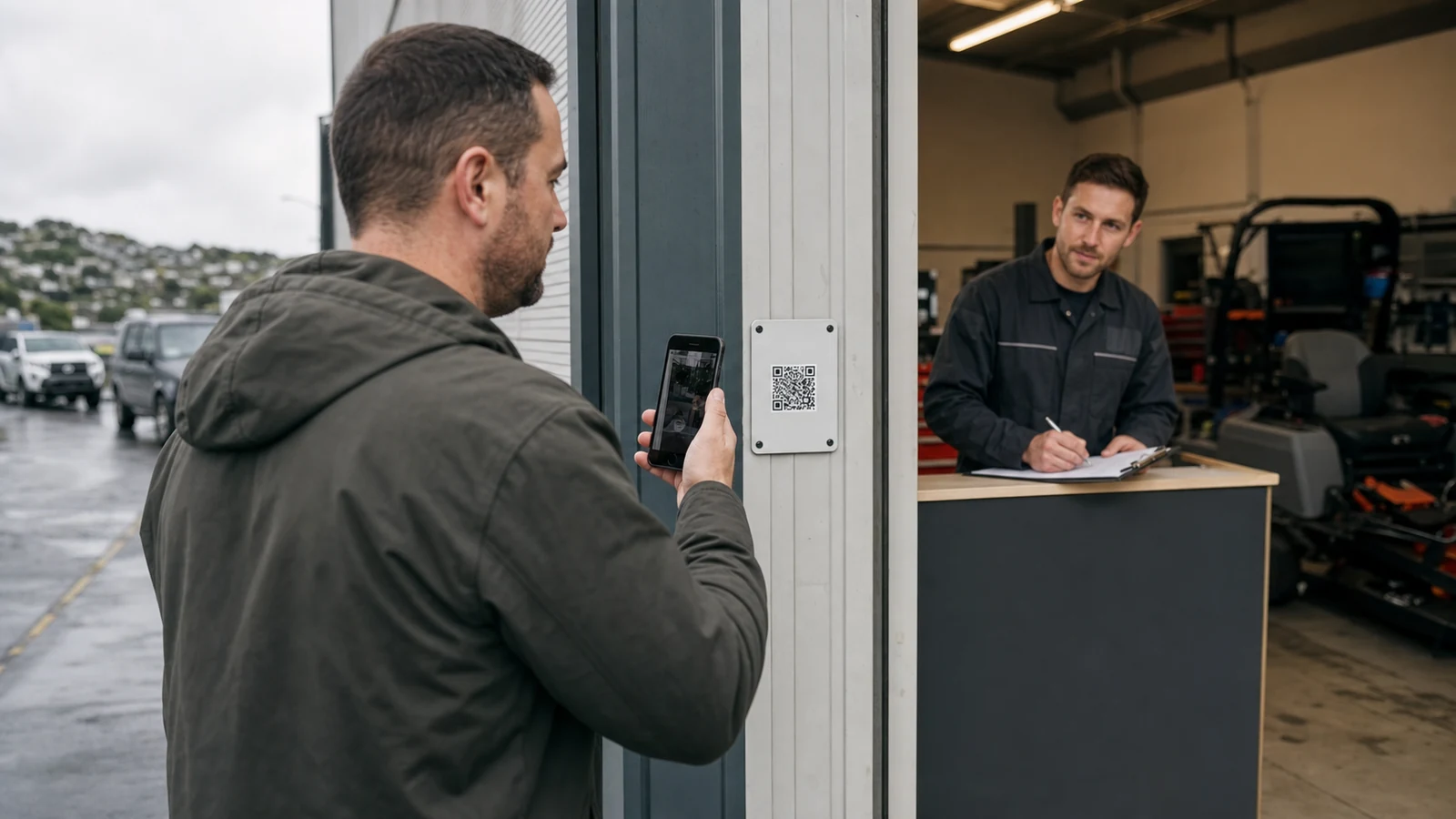 New Zealand customer scanning a QR help plaque while a service employee prepares a follow-up