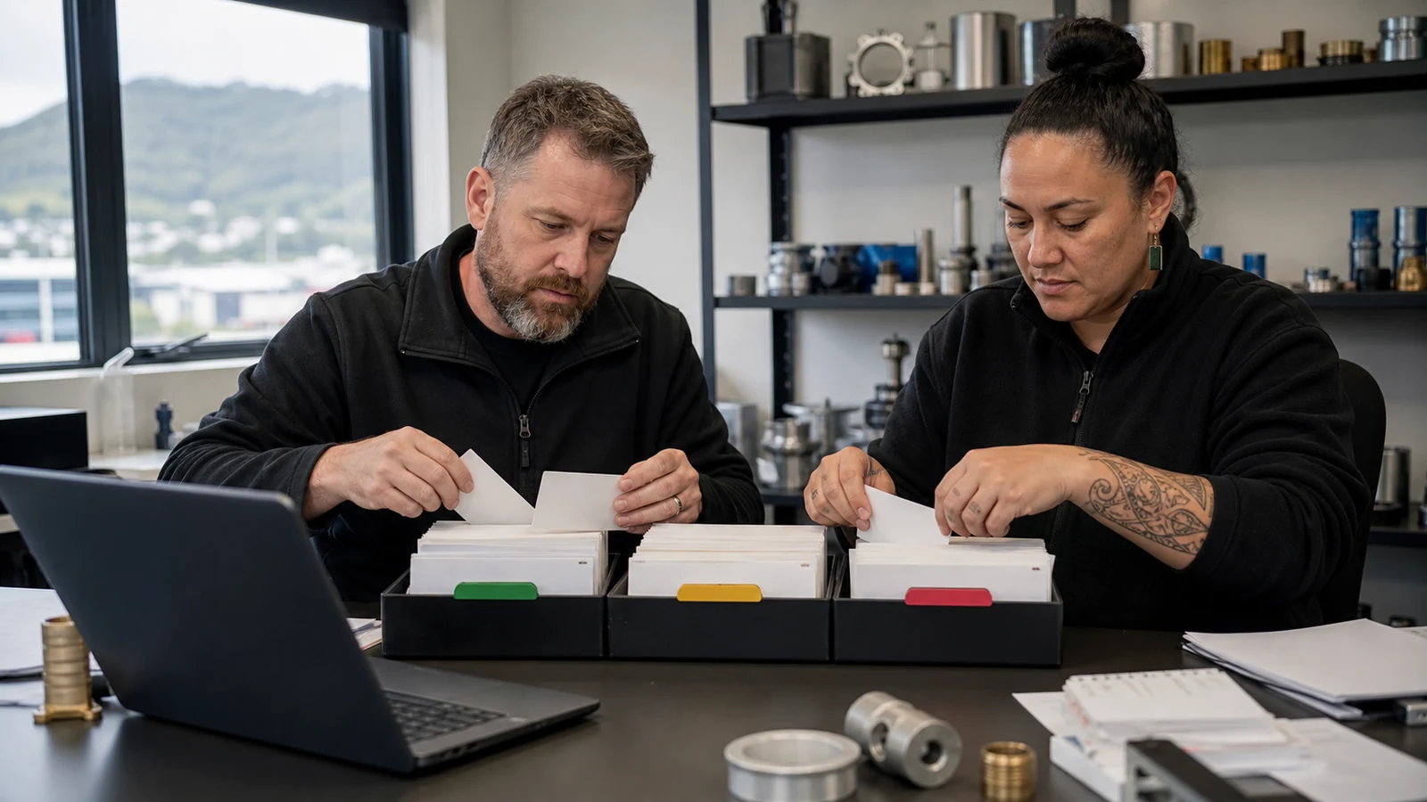 New Zealand equipment-supply staff sorting customer questions into three colour-coded trays