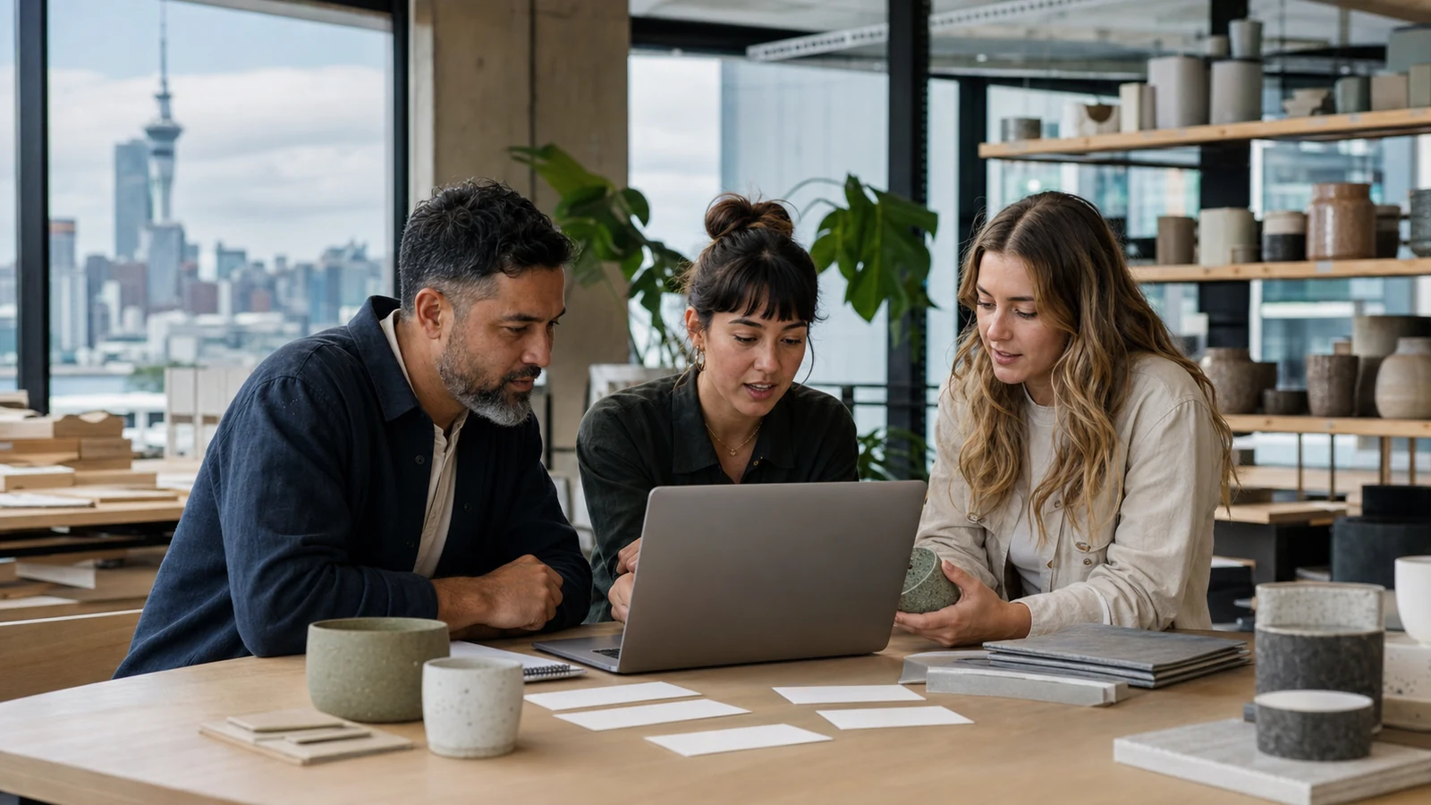 New Zealand small business team reviews recurring customer enquiries in an Auckland workshop showroom.