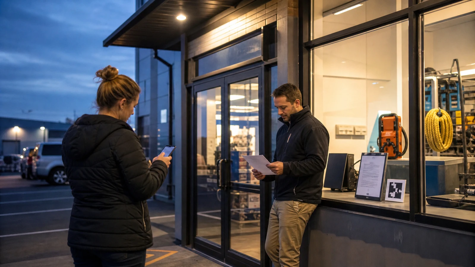 Customer checking after-hours information outside a New Zealand trade-supply storefront