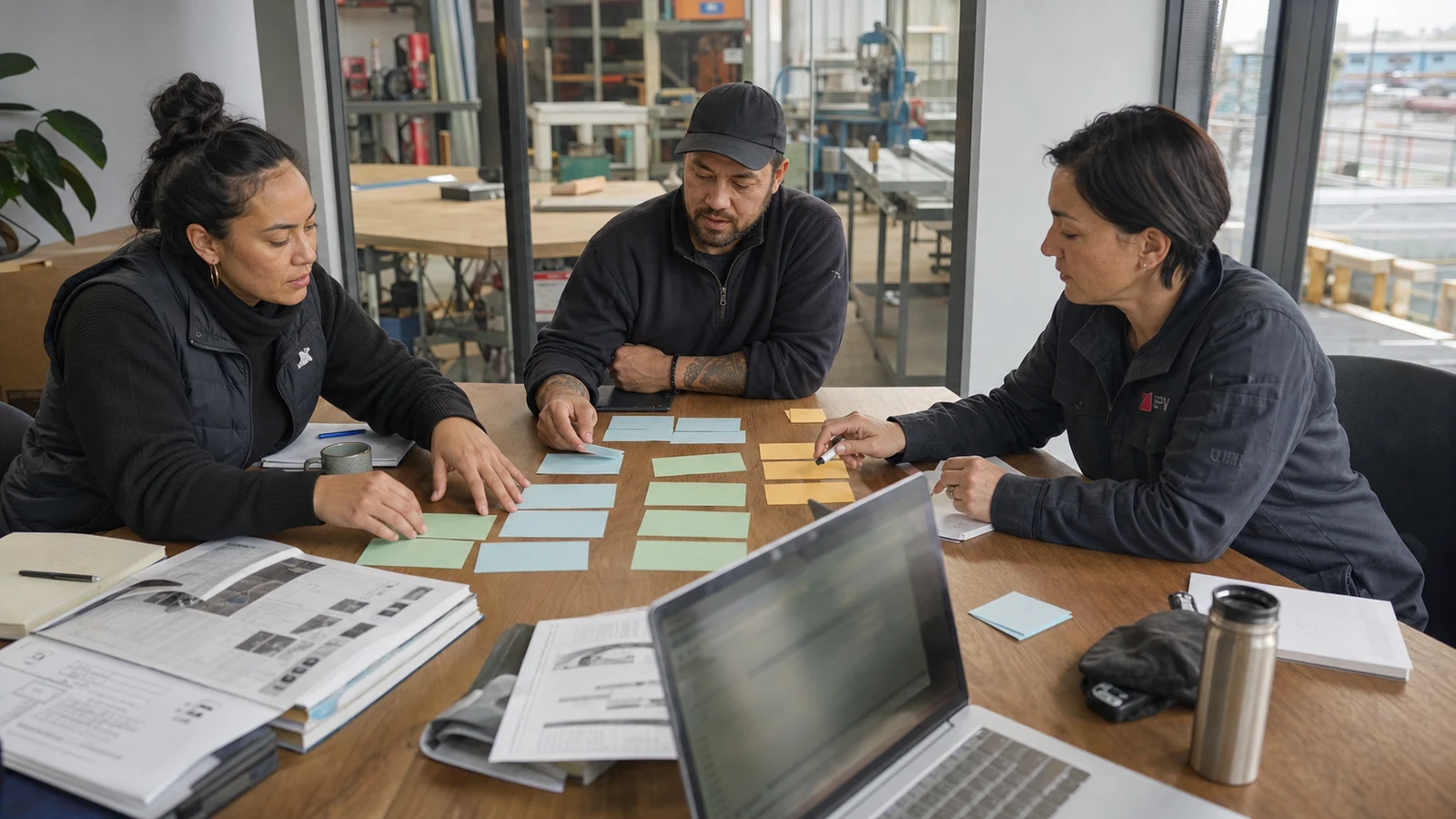New Zealand workshop team sorting recurring customer questions into answer and ownership groups