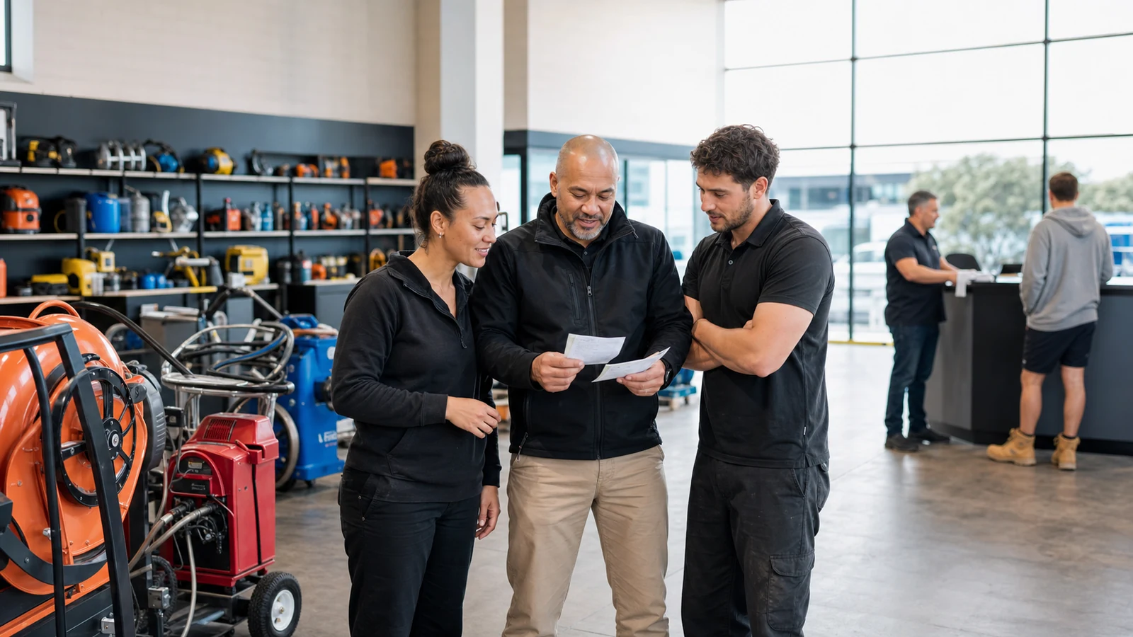 New Zealand equipment-hire business team reviewing recurring customer enquiries in an Auckland showroom