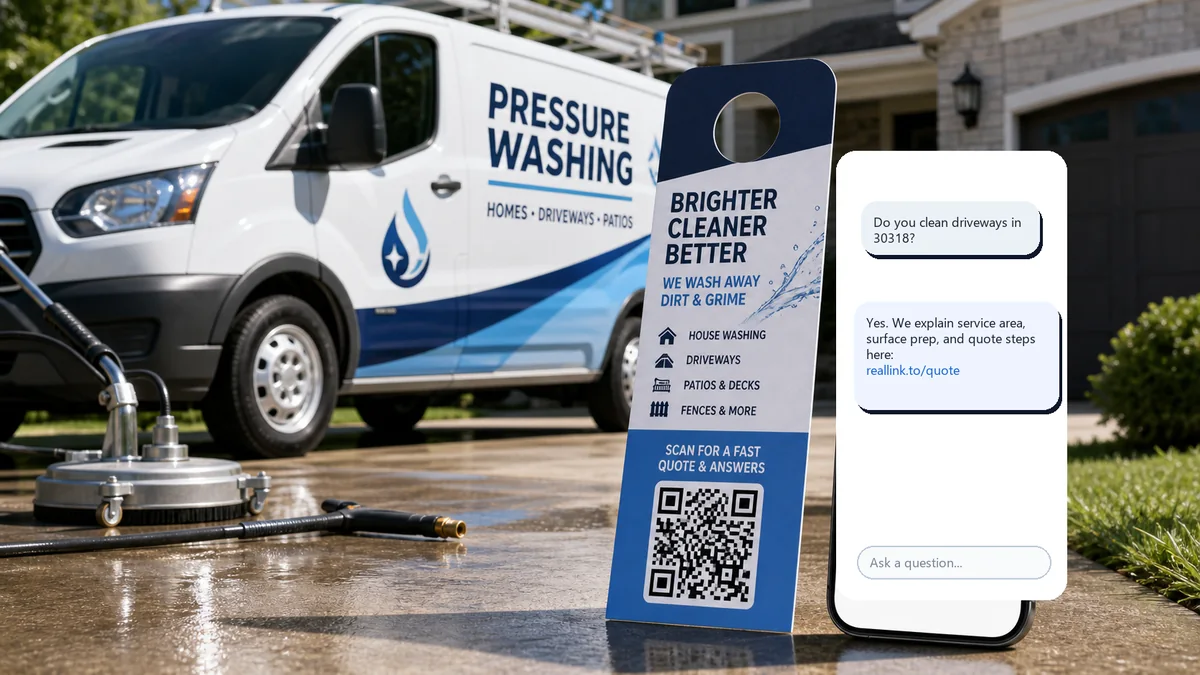 Pressure washing door hanger with QR code beside a phone showing quote questions and answers