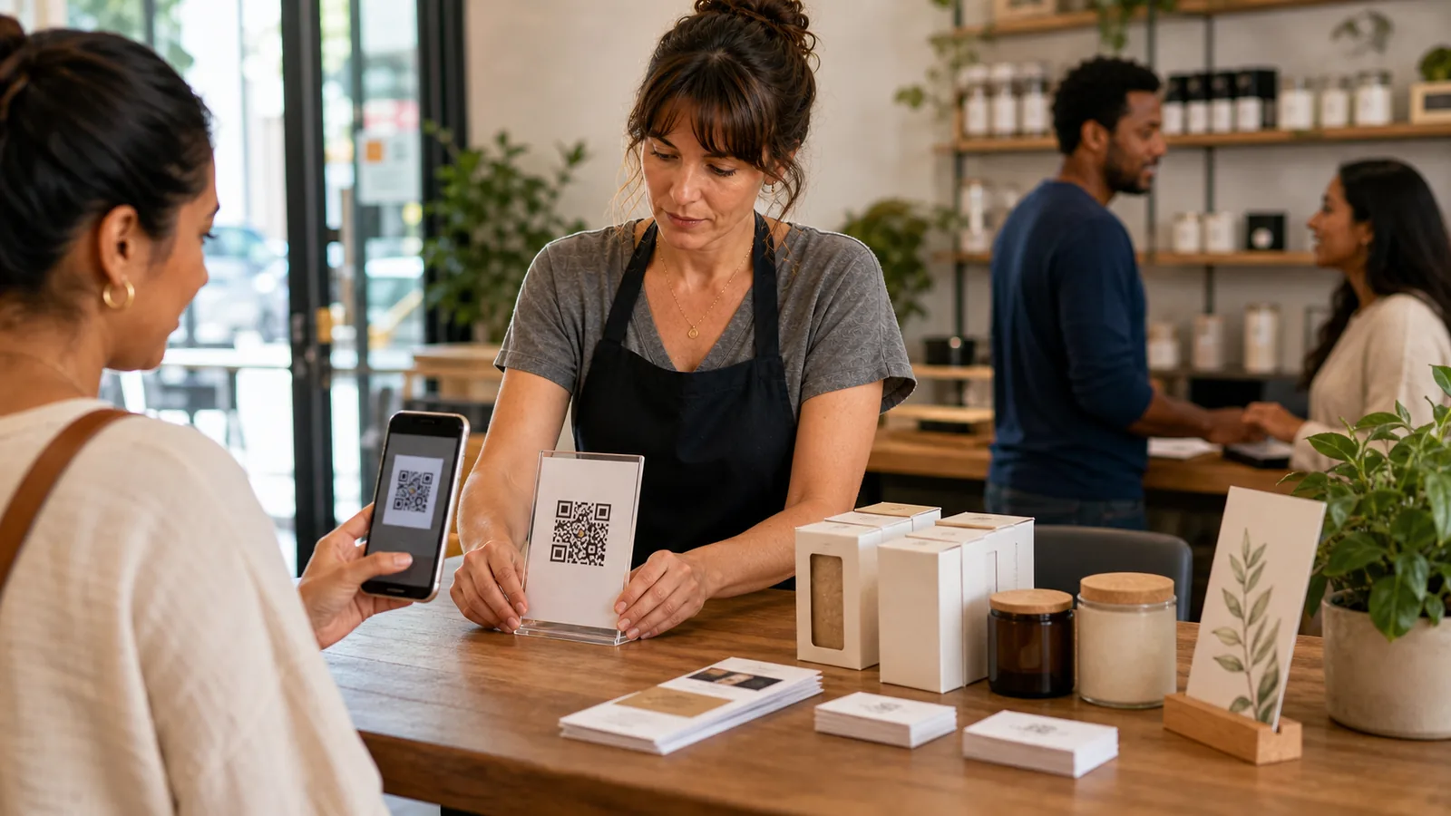 ローカル店舗のカウンターで顧客がQRコードを読み取り、スマートフォンの回答ページで質問する様子