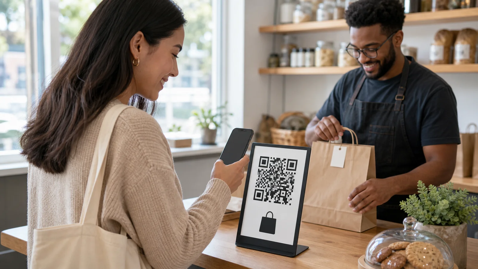미국 매장 픽업 카운터에서 고객이 고정된 QR 안내판을 스캔하며 주문과 도착 관련 정보를 확인하는 모습.