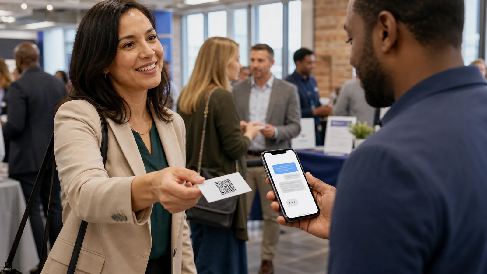 Une dirigeante de petite entreprise américaine remet une carte de visite avec QR code lors d'un événement de réseautage