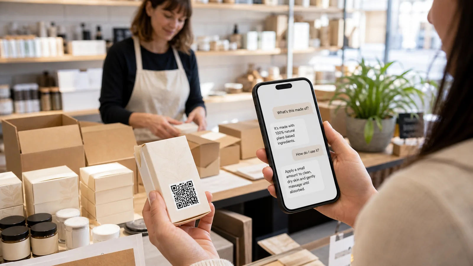 米国の小規模ブランド店舗で顧客が商品パッケージのQRコードをスキャンしている場面