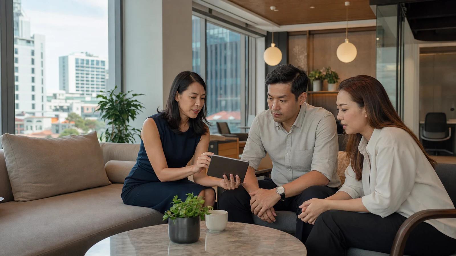 Singapore B2B service team reviewing a customer enquiry workflow with a local business client