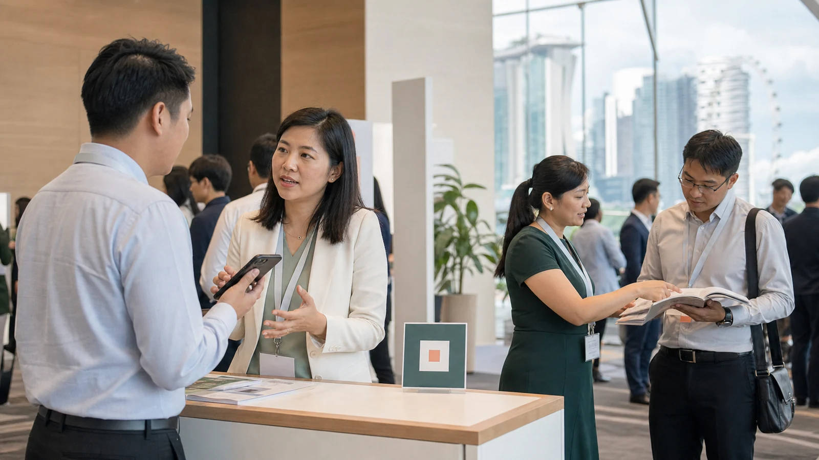 Singapore business event visitor moving from mobile self-service to a conversation with a service representative
