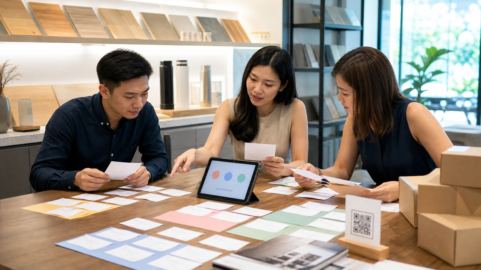 Singapore B2B staff grouping multilingual customer enquiries by task beside product materials and a QR information card