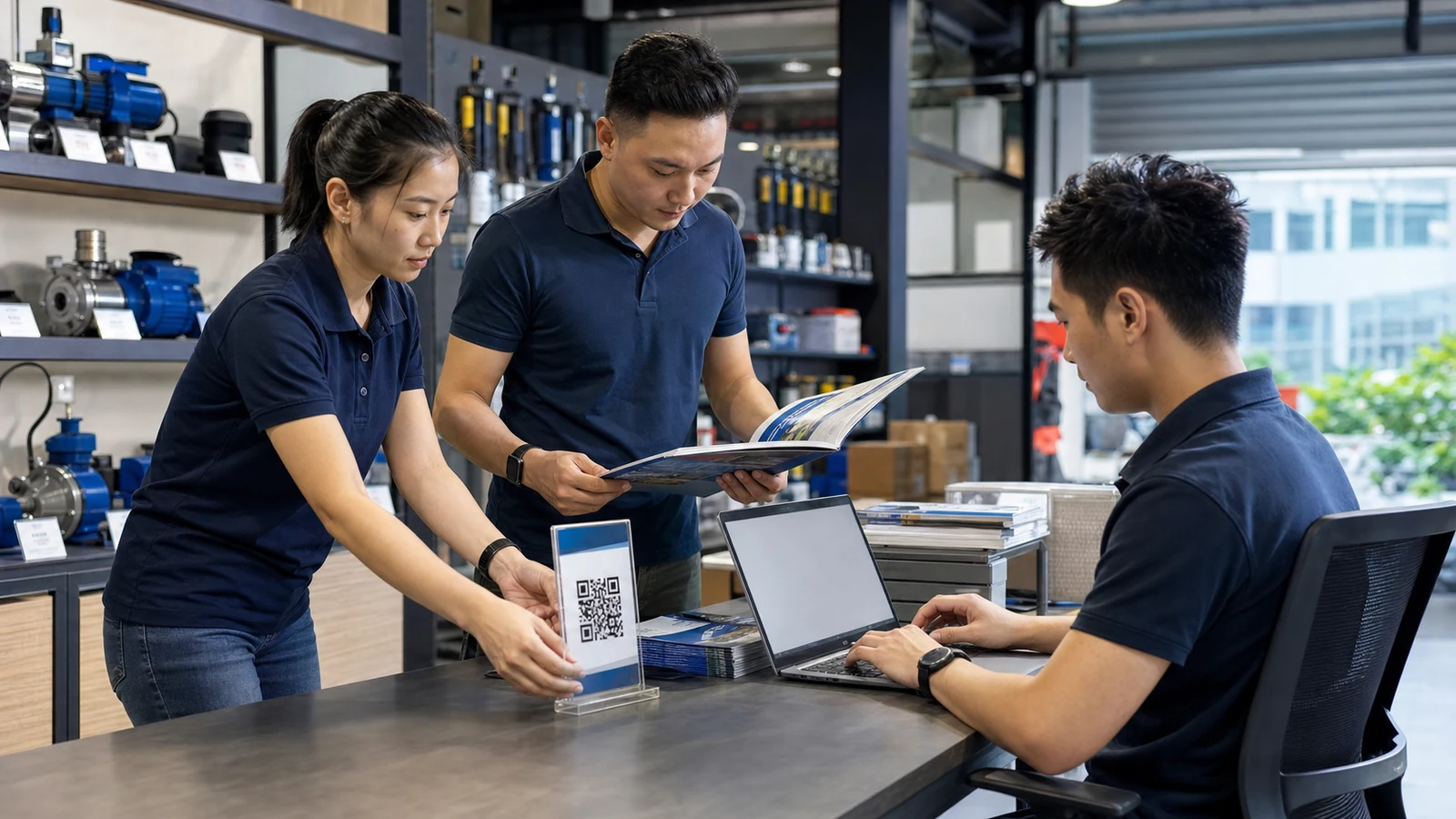 Singapore equipment distributor team updating an approved product guide and QR help point after reviewing repeated enquiries