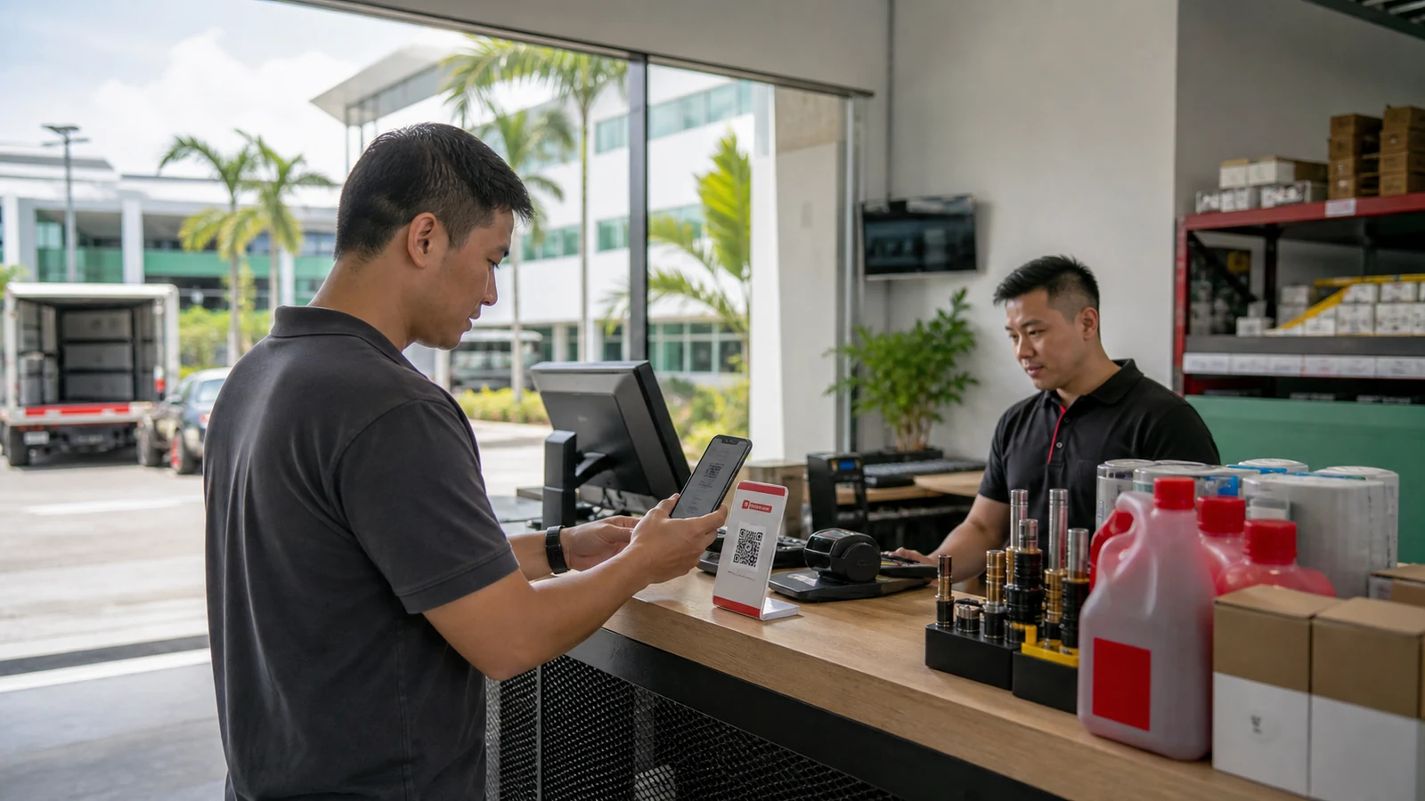 Business customer scans a QR self-service card at a Singapore trade counter while staff remain available nearby.