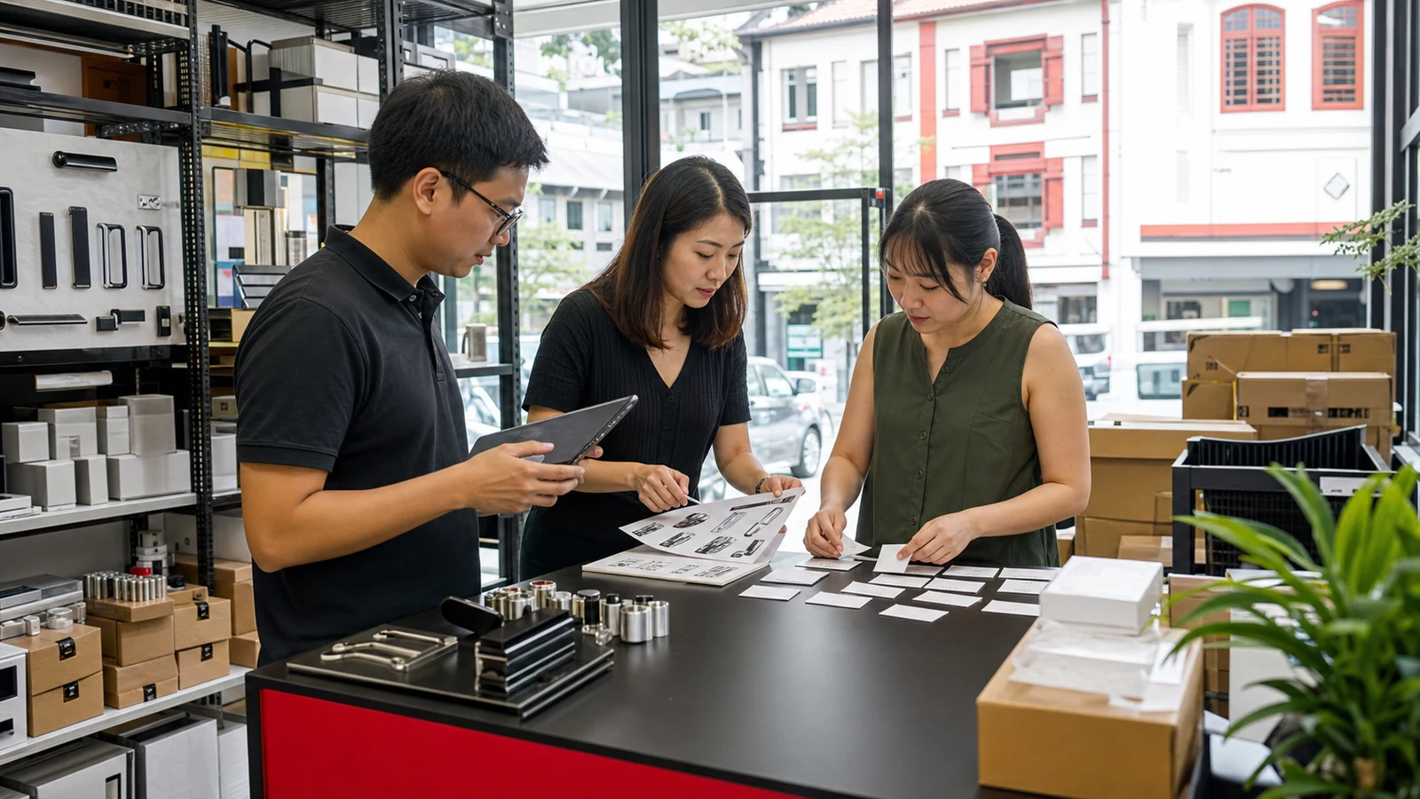 Singapore wholesale SME team reviews recurring customer enquiries around a product counter.