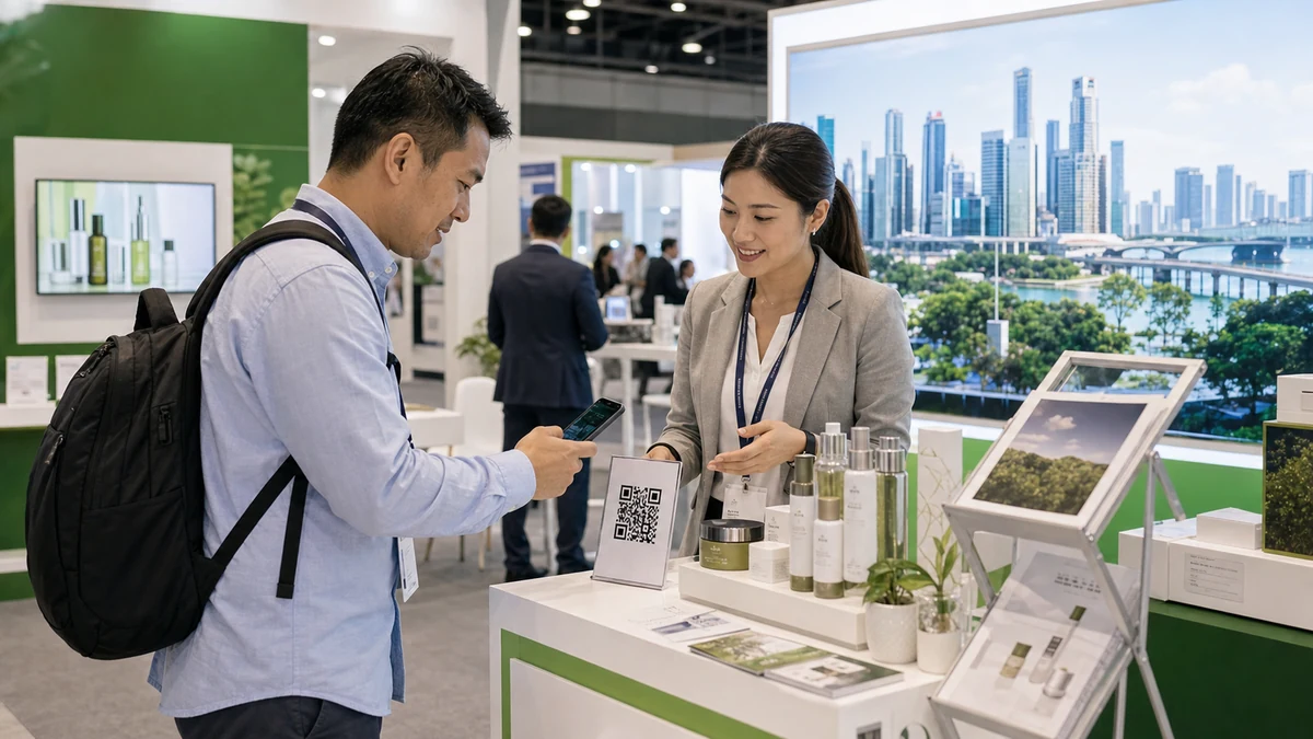 Singapore EXPO Ausstellerteam nutzt Booth-QR fuer Käuferfragen