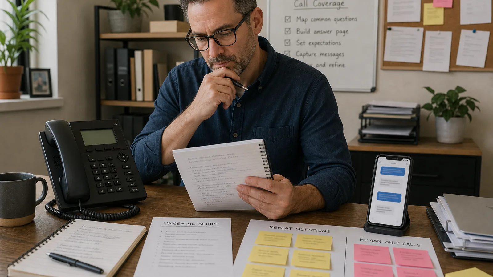 Dirigeant de petite entreprise américaine planifiant un workflow de réponse automatisée