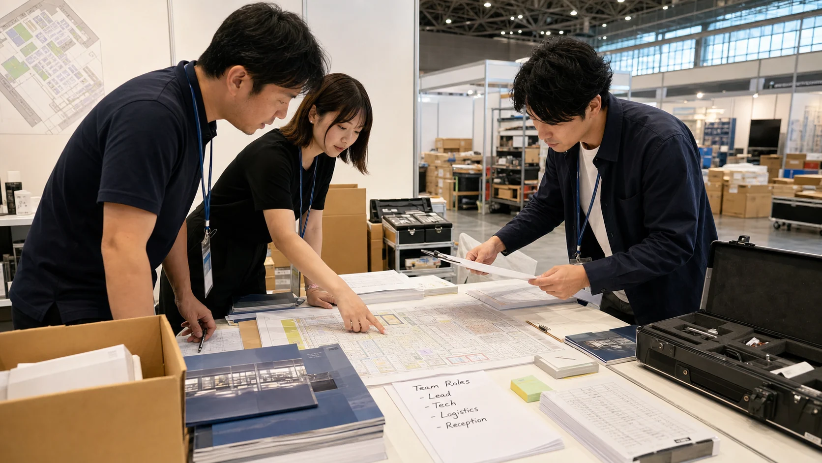 Tokyo-Messe-Vorbereitungstisch mit Layout, Wegeplan, Katalogen, Mustern und Rollen-Notizen