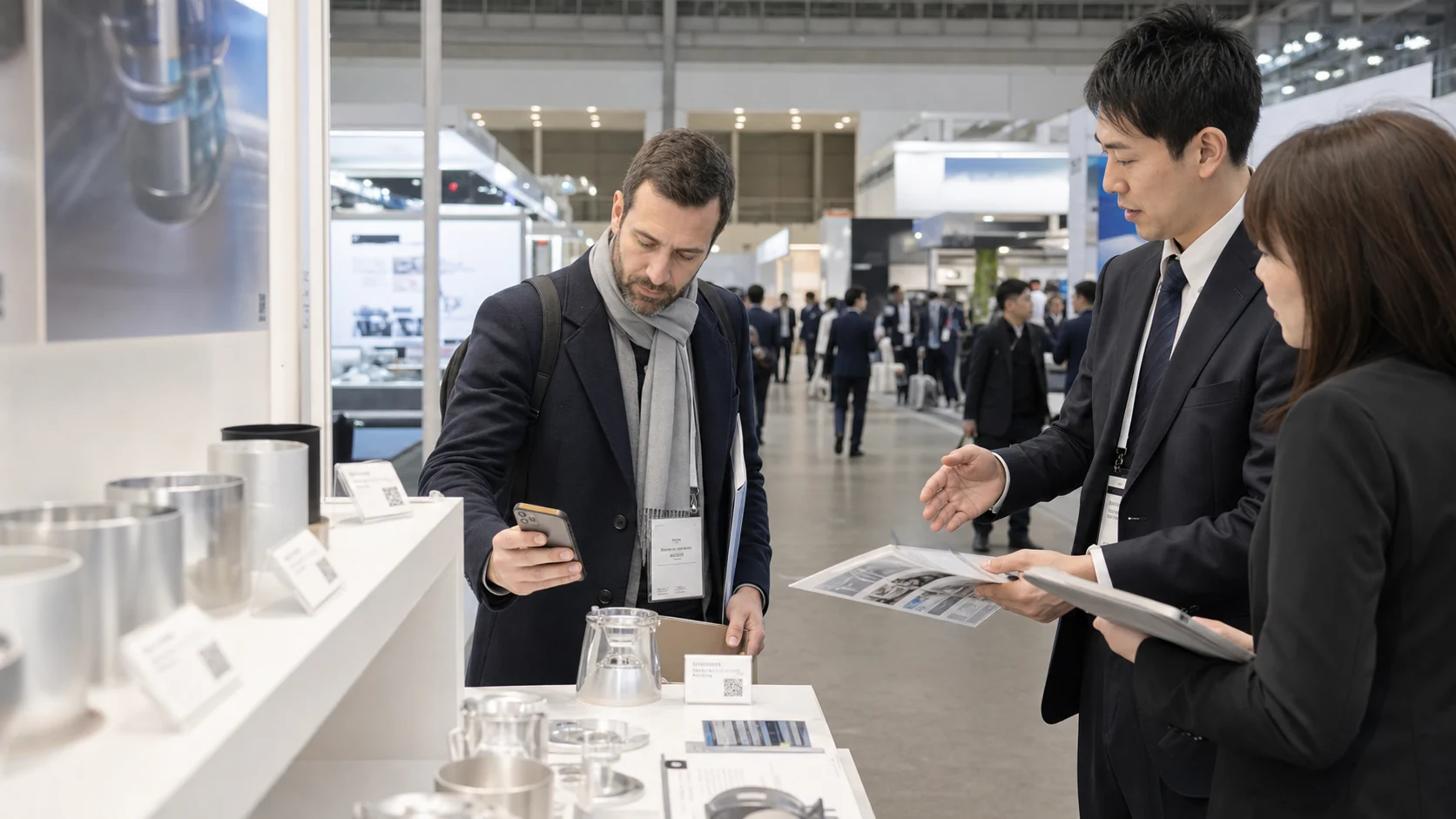 Internationaler Buyer scannt einen QR-Hinweis an einem Tokyo-Big-Sight-Stand