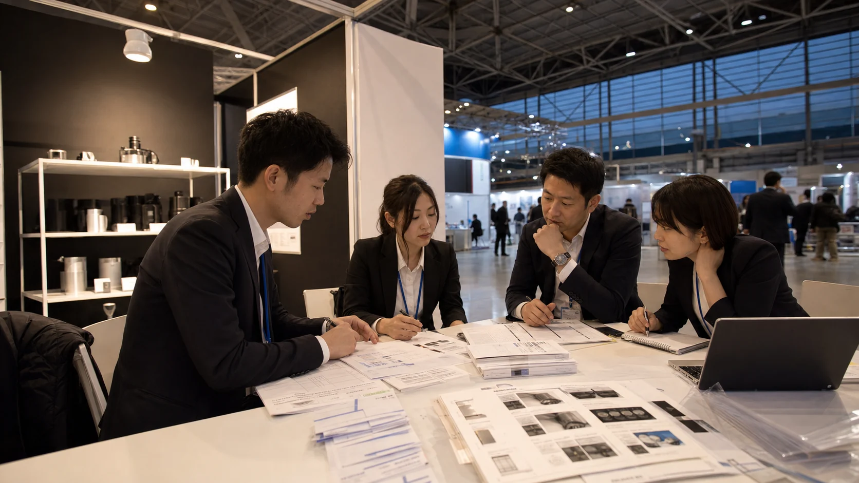 Ausstellerteam prueft Fragen von Einkäufern und Nachbereitung-Notizen nach einem Messetag in Tokyo