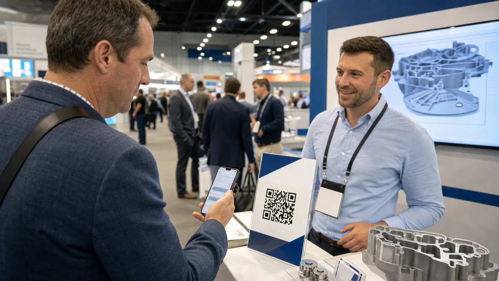 An American trade show visitor scans a booth QR code to open a question and answer page.