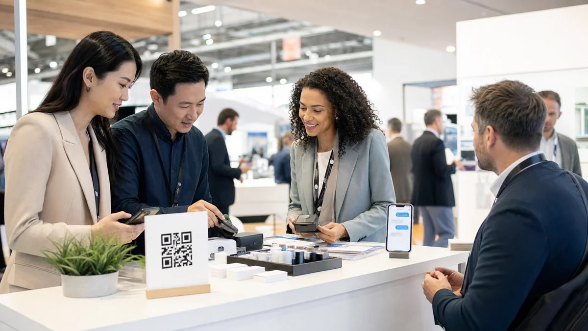 Messeteam bereitet Lead Capture mit QR-Schild, Badge-Scanner, Besuchernotizen, Produktsamples und Antwortseite auf dem Smartphone vor