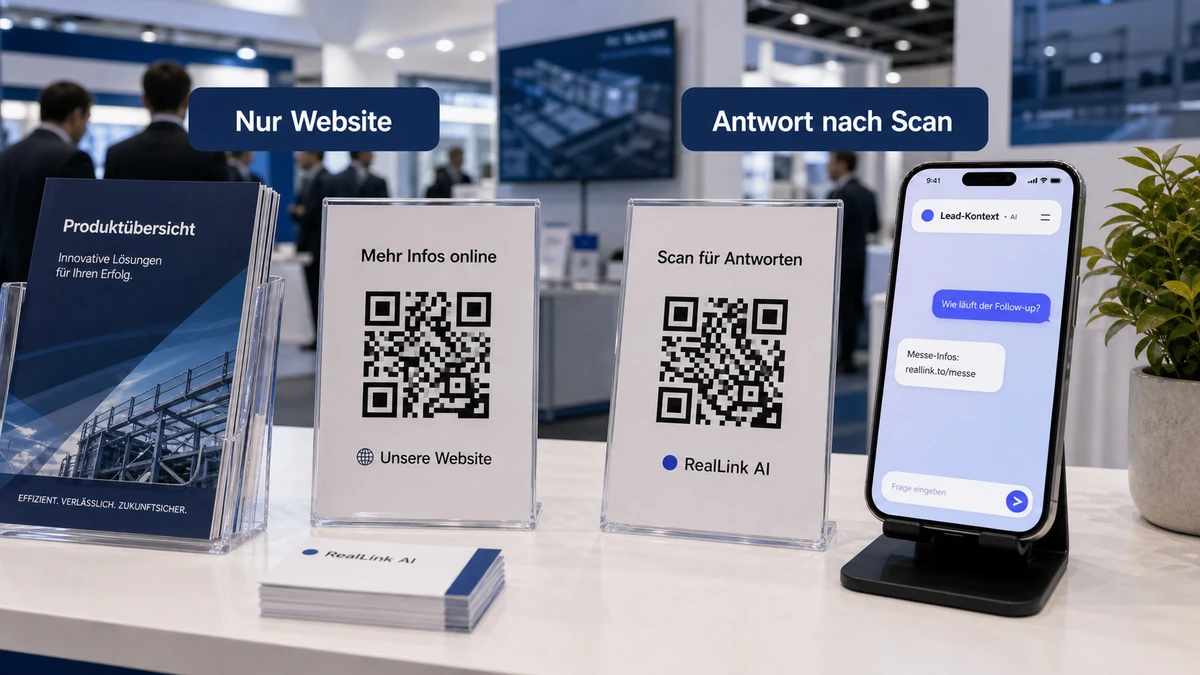 Vergleich zwischen statischer Messe-Seite und AI Answer Page nach dem Scan