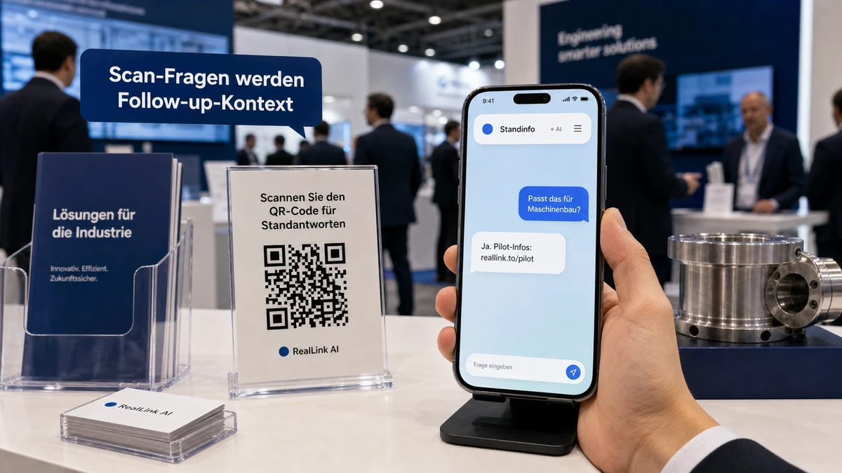 Deutscher Messestand mit QR-Code und Smartphone mit RealLink AI Antwortseite