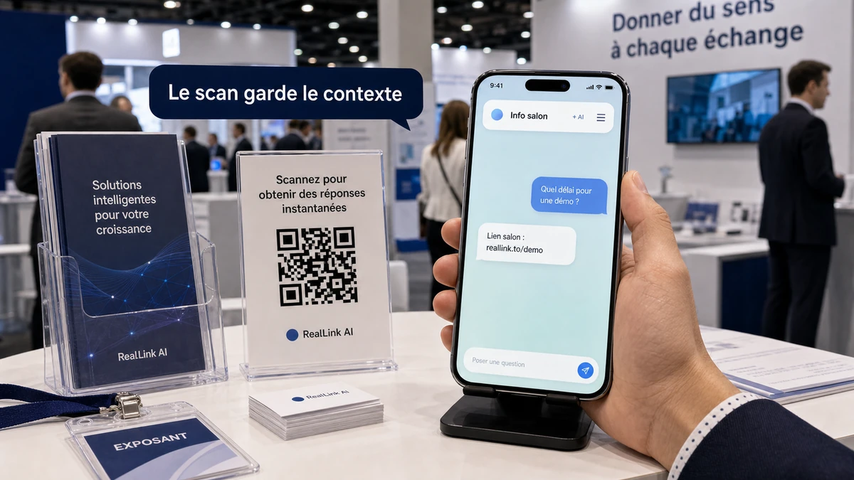 Stand de salon professionnel avec QR code et téléphone montrant une page de réponse IA